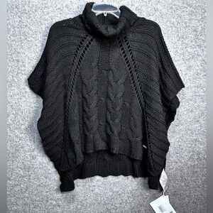 Guess Women's L Black Cable Knit Poncho Turtleneck Sweater Wool Cozy Casual New